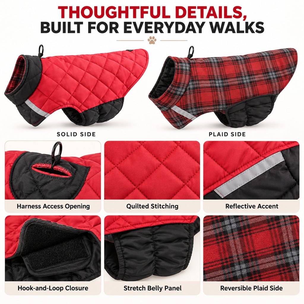 Ortekor Reversible Quilted Dog Winter Coat for Cold Walks - Water-Resistant Reflective 2-in-1 Jacket with Easy Belly Fit