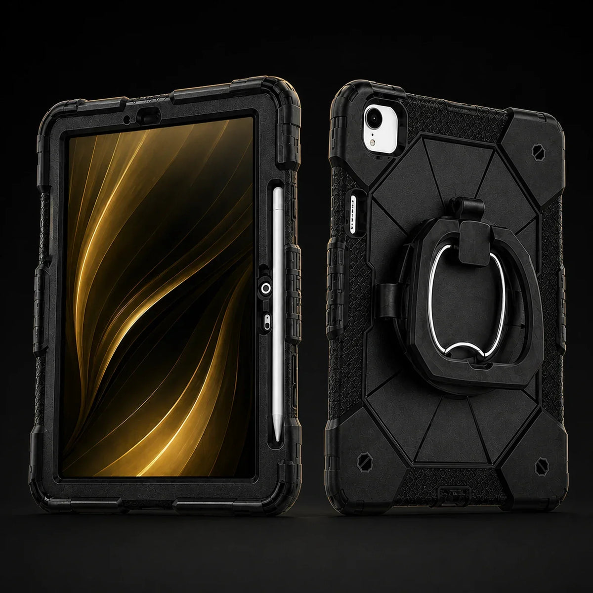 Triple-Layer iPad Protective Case with 360° Rotating Hand Grip, Integrated Kickstand & Shoulder Strap | Tempered Glass Screen Protector