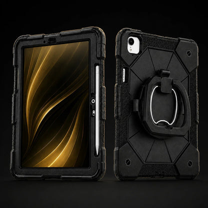 Triple-Layer iPad Protective Case with 360° Rotating Hand Grip, Integrated Kickstand & Shoulder Strap | Tempered Glass Screen Protector