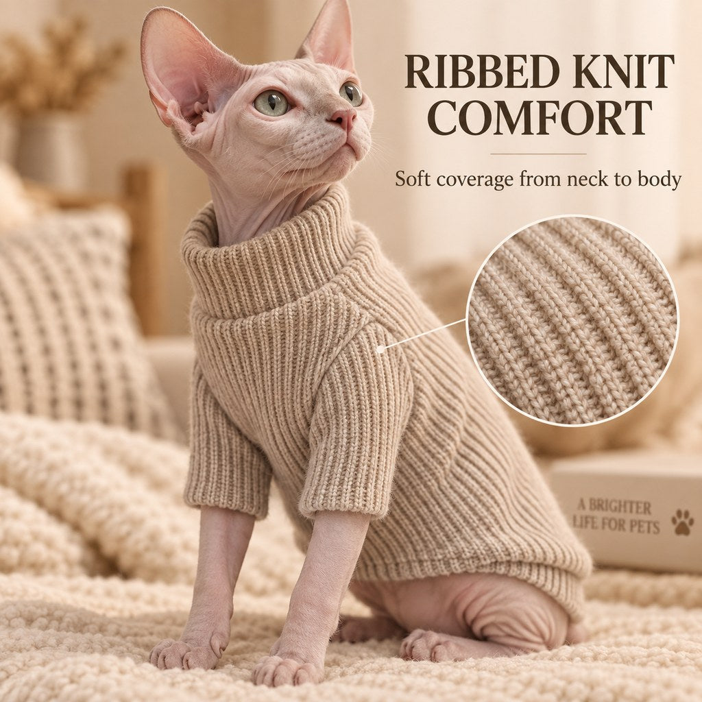Ortekor Cozy Cat Turtleneck Sweater & Sherpa Vest Set - Cool-Weather Indoor Layers for Hairless & Short-Haired Cats