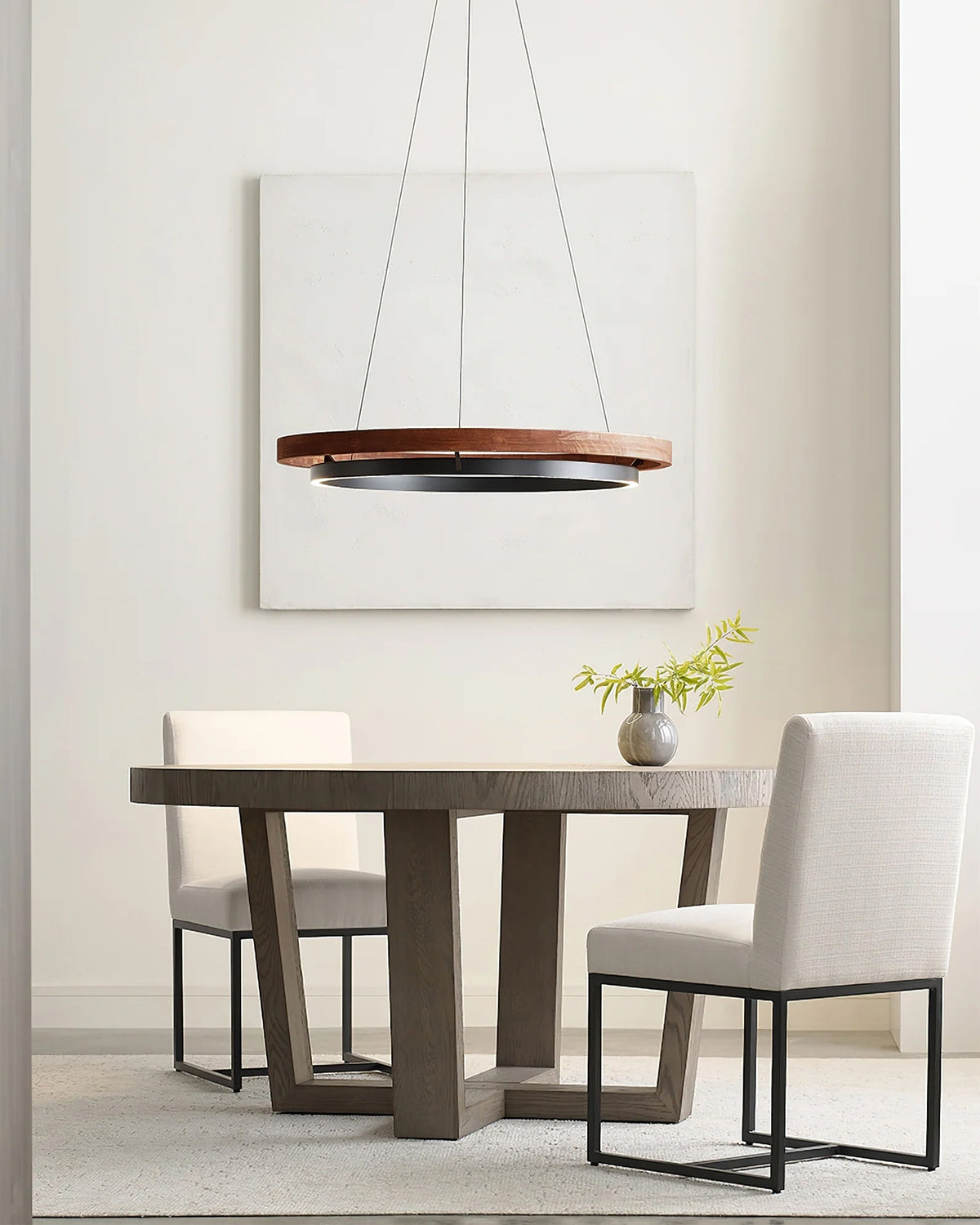 Dual-Ring LED Overhead Fixture Walnut & Black Finish Contemporary Dining Room Suspended Lighting 24-40 Inch Ceiling Mount