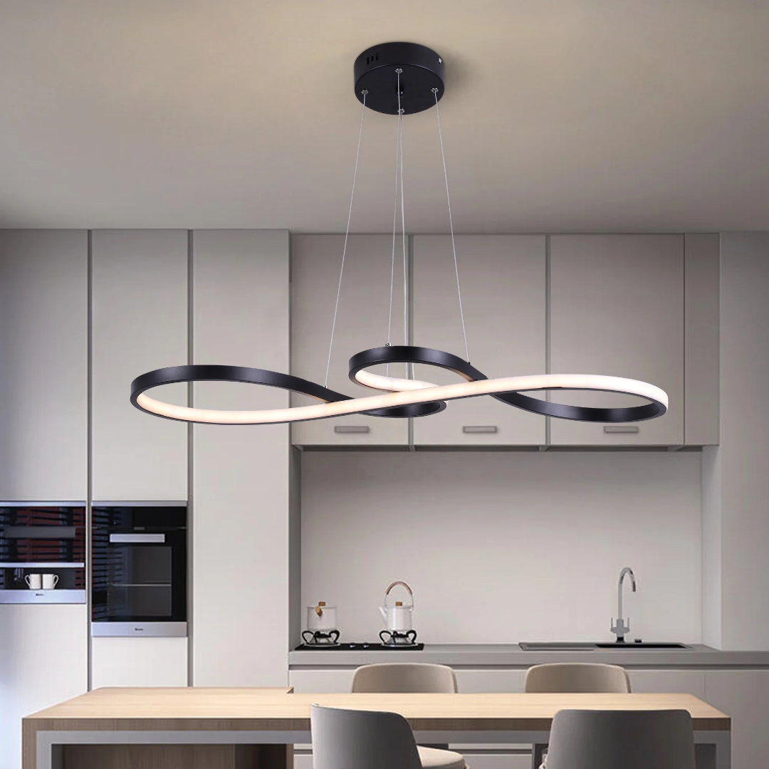 Modern Circle Hanging Fixture with Remote Dimming for Dining Room & Kitchen Island Adjustable Height 47 in Black White Gold Finish Contempor