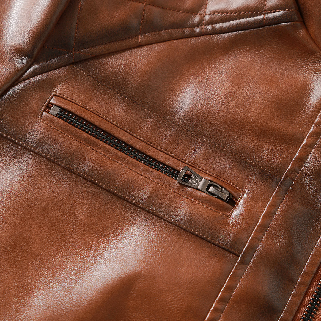 Men's Embroidered Moto Jacket in PU Leather with Side Belt & Zip Pockets – Classic Biker Style for Street, Rides & Everyday Wear