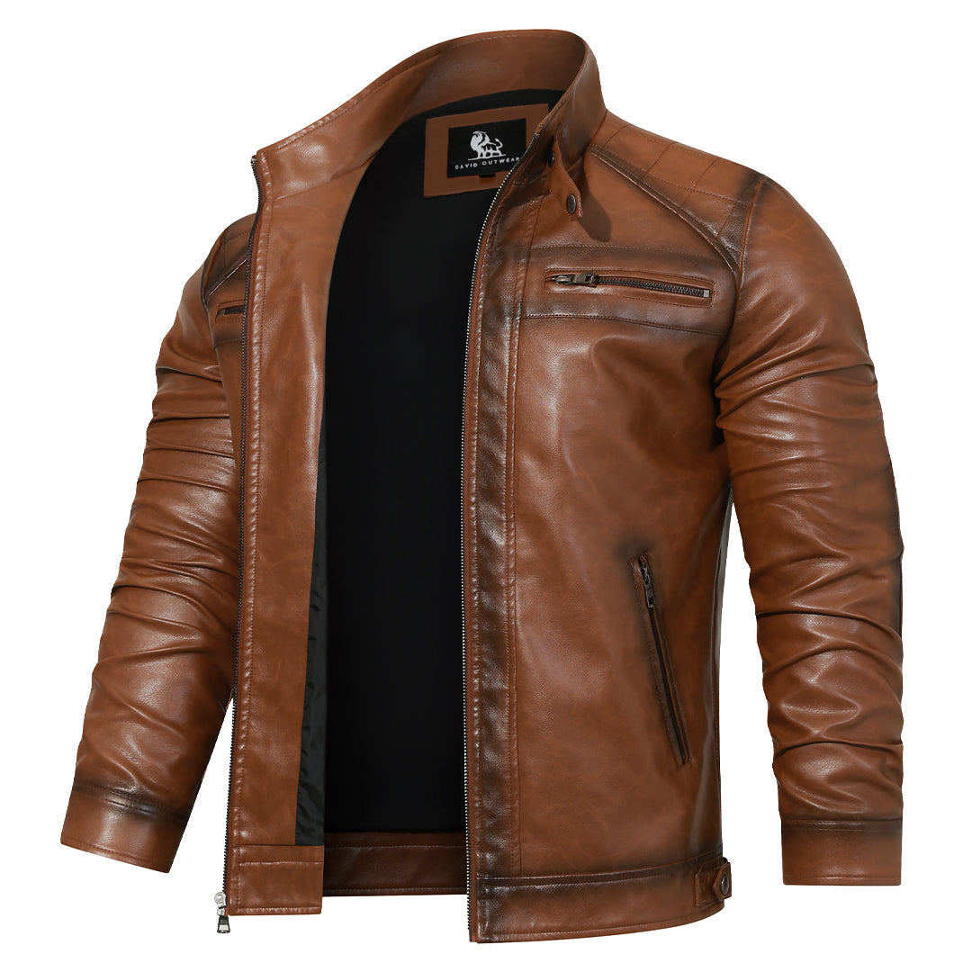 Men's Embroidered Moto Jacket in PU Leather with Side Belt & Zip Pockets – Classic Biker Style for Street, Rides & Everyday Wear