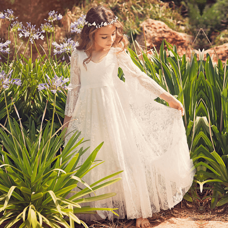 Girls First Communion Dress White Lace Bohemian Flower Girl Gown Soft Cotton Blend for Special Occasions Wedding Easter