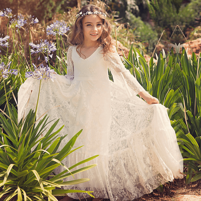 Girls First Communion Dress White Lace Bohemian Flower Girl Gown Soft Cotton Blend for Special Occasions Wedding Easter