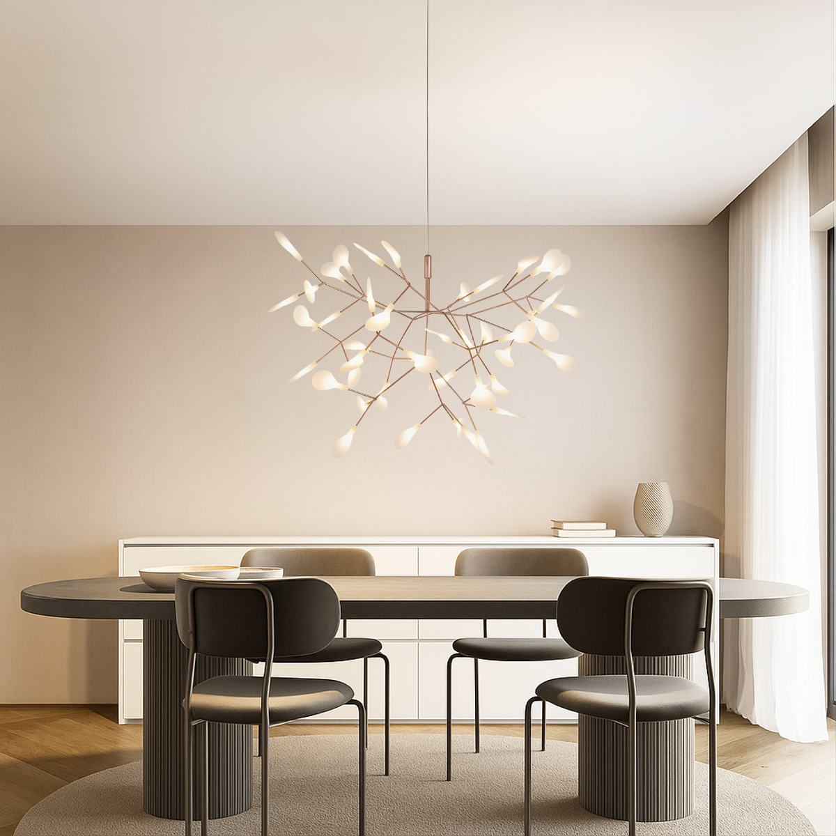 Branching LED Chandelier with Glowing Orbs in Rose Gold Finish – Modern Multi-Light Fixture for Dining Room, Living Room & High Ceilings