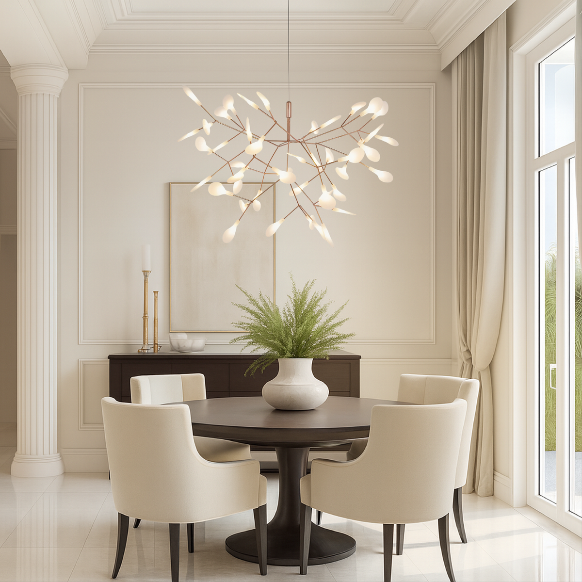 Branching LED Chandelier with Glowing Orbs in Rose Gold Finish – Modern Multi-Light Fixture for Dining Room, Living Room & High Ceilings