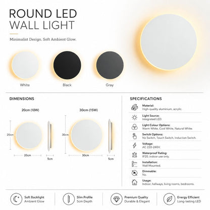 LED Circular Wall Sconce with Backlight Halo – Aluminum & Acrylic Fixture for Hallway, Bedroom, Living Room | Modern Indoor Lighting