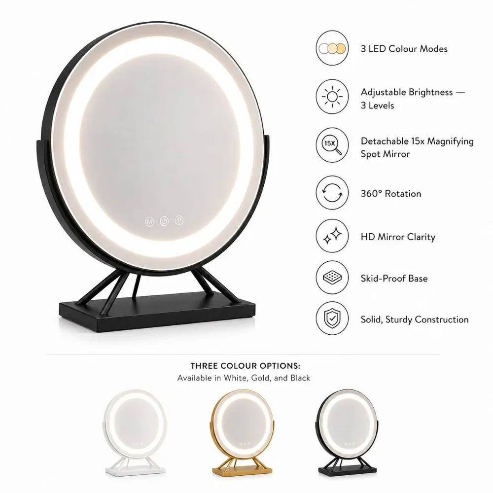 Tabletop Makeup Mirror with LED Light and 15x Magnifying Spot | 360° Rotating Vanity Mirror with 3 Color Temperatures