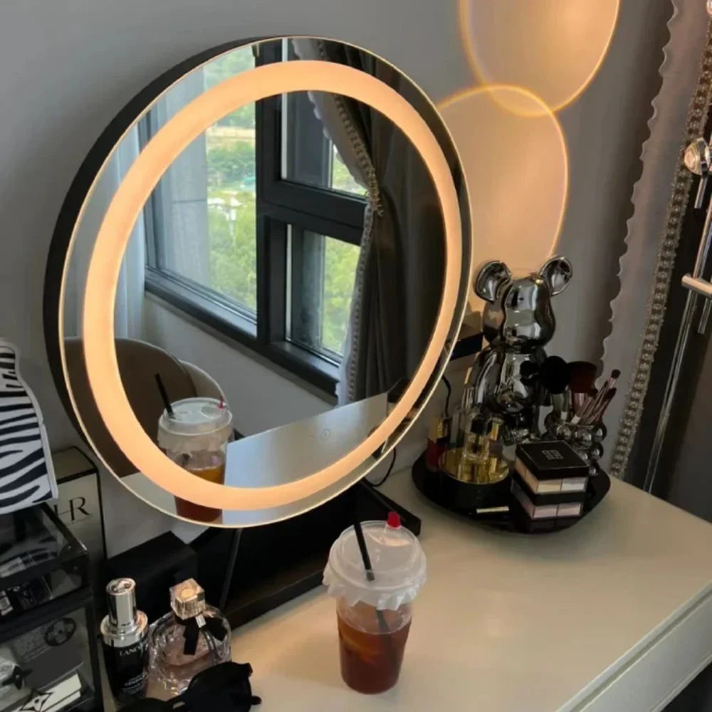 Tabletop Makeup Mirror with LED Light and 15x Magnifying Spot | 360° Rotating Vanity Mirror with 3 Color Temperatures