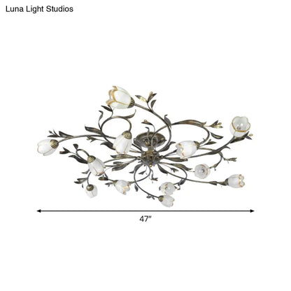 Cream Glass Floral Vine Chandelier with Antique Brass Finish for Bedroom, Dining Room & Living Room