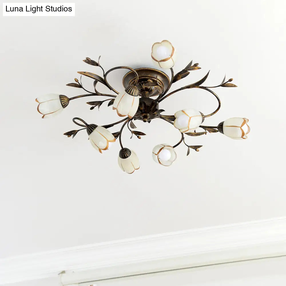 Cream Glass Floral Vine Chandelier with Antique Brass Finish for Bedroom, Dining Room & Living Room