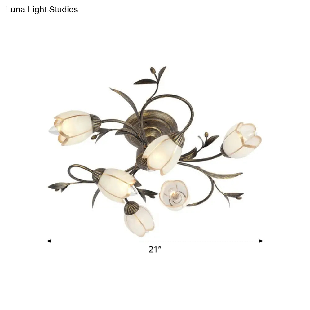 Cream Glass Floral Vine Chandelier with Antique Brass Finish for Bedroom, Dining Room & Living Room