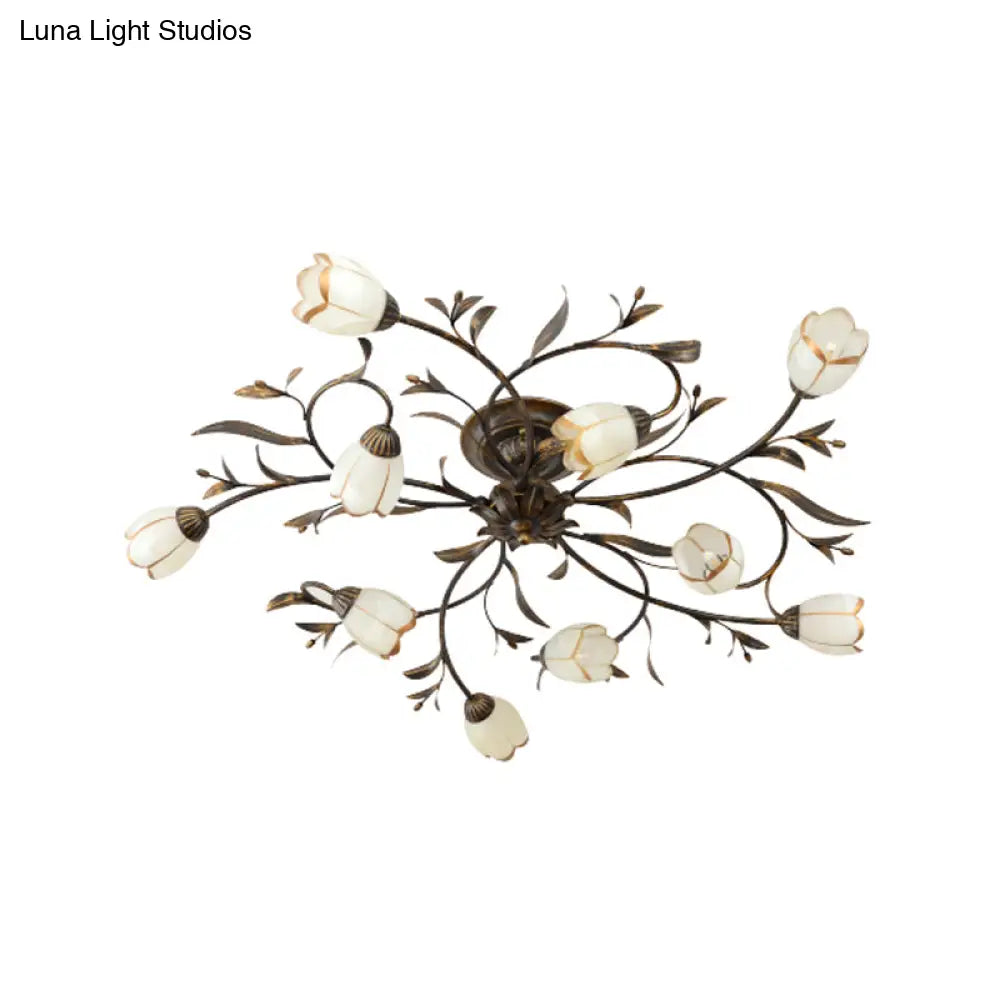 Cream Glass Floral Vine Chandelier with Antique Brass Finish for Bedroom, Dining Room & Living Room