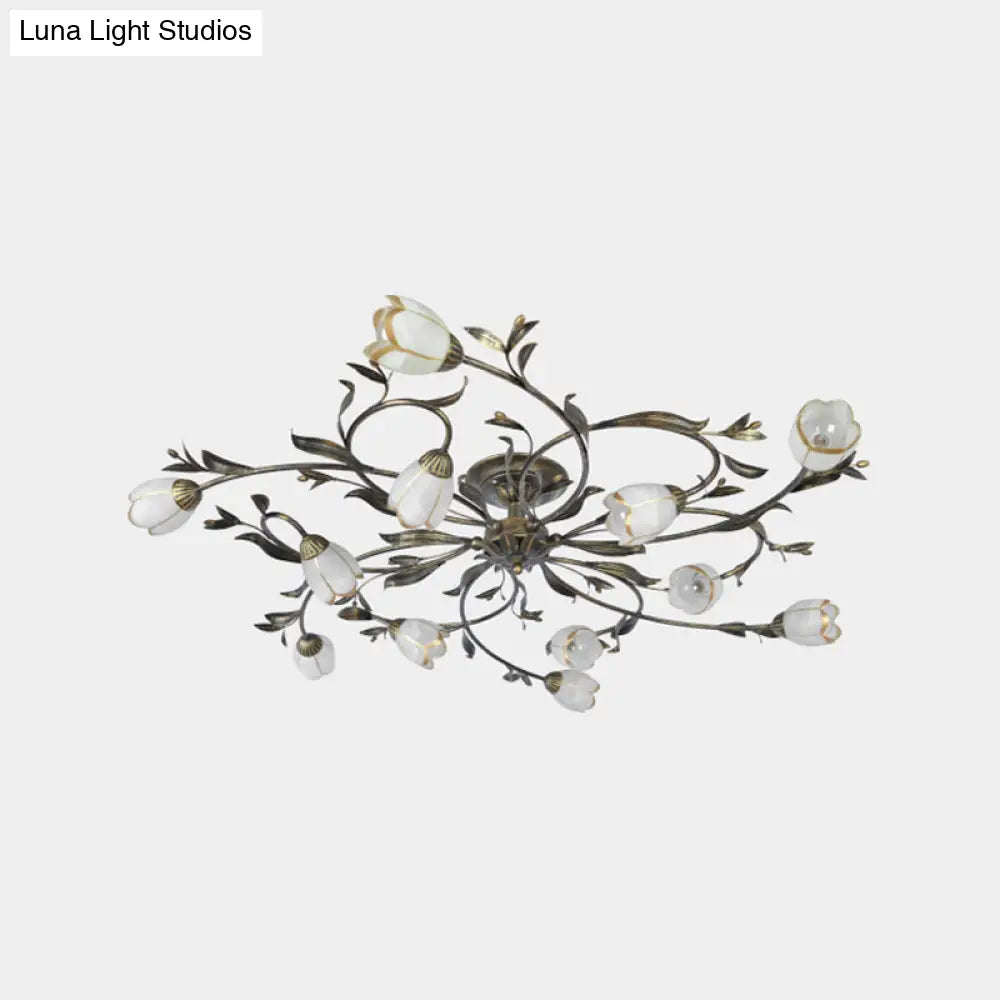 Cream Glass Floral Vine Chandelier with Antique Brass Finish for Bedroom, Dining Room & Living Room