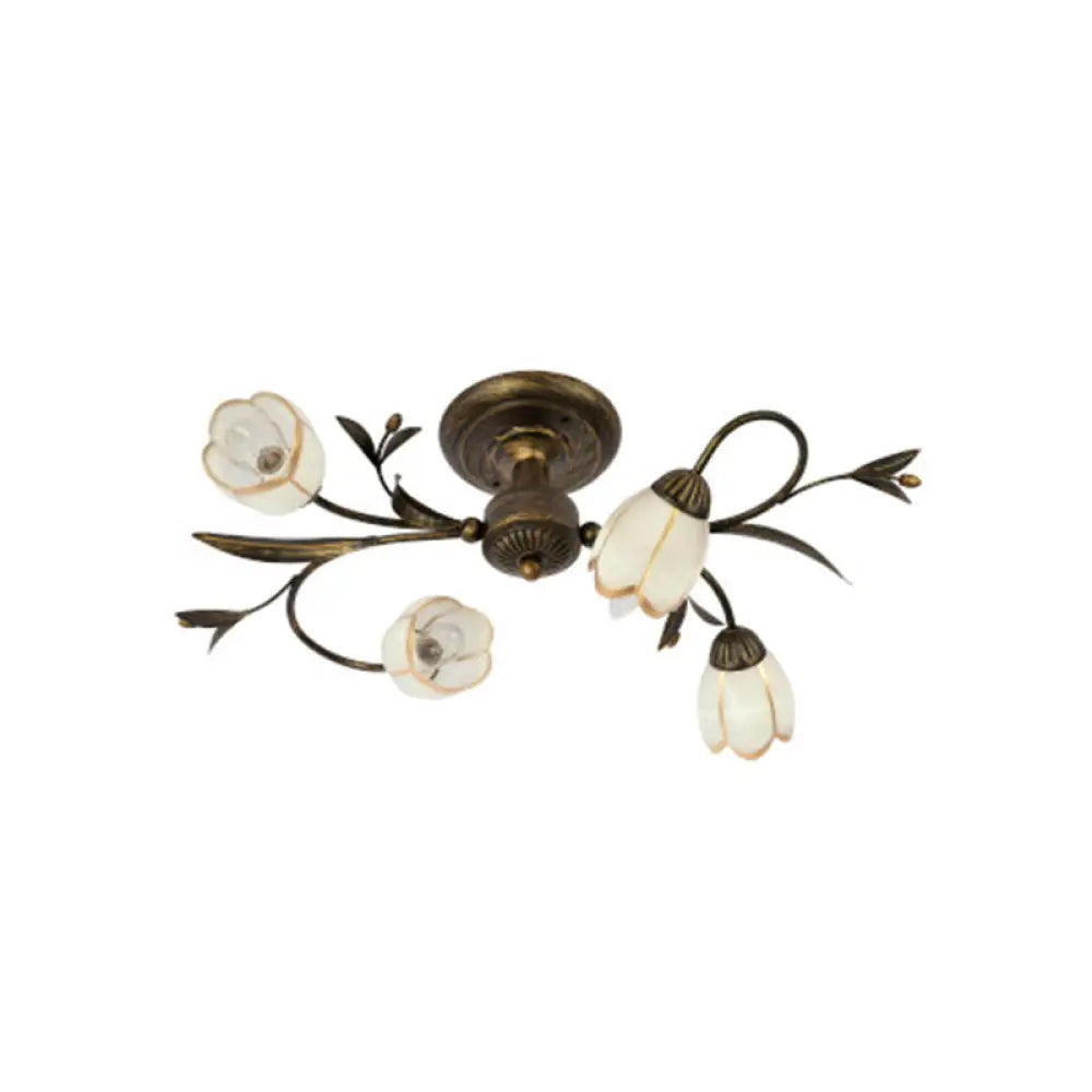 Cream Glass Floral Vine Chandelier with Antique Brass Finish for Bedroom, Dining Room & Living Room