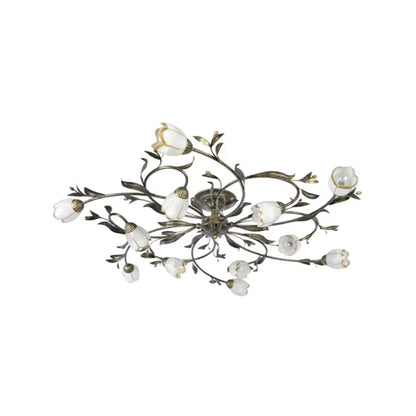 Cream Glass Floral Vine Chandelier with Antique Brass Finish for Bedroom, Dining Room & Living Room