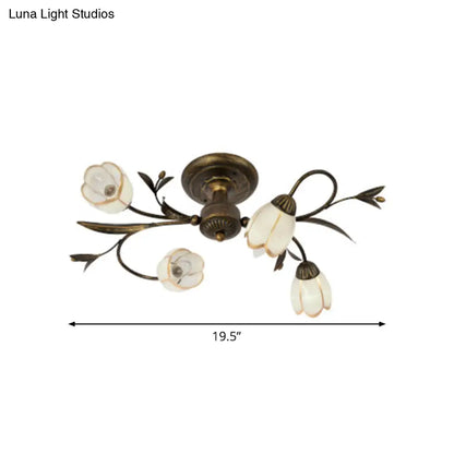 Cream Glass Floral Vine Chandelier with Antique Brass Finish for Bedroom, Dining Room & Living Room