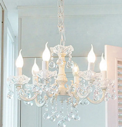 White Metal Chandelier 3/6 Candelabra Lights Crystal Accents Entryway Hallway Traditional Farmhouse Fixture 18 Inch Ceiling Lighting