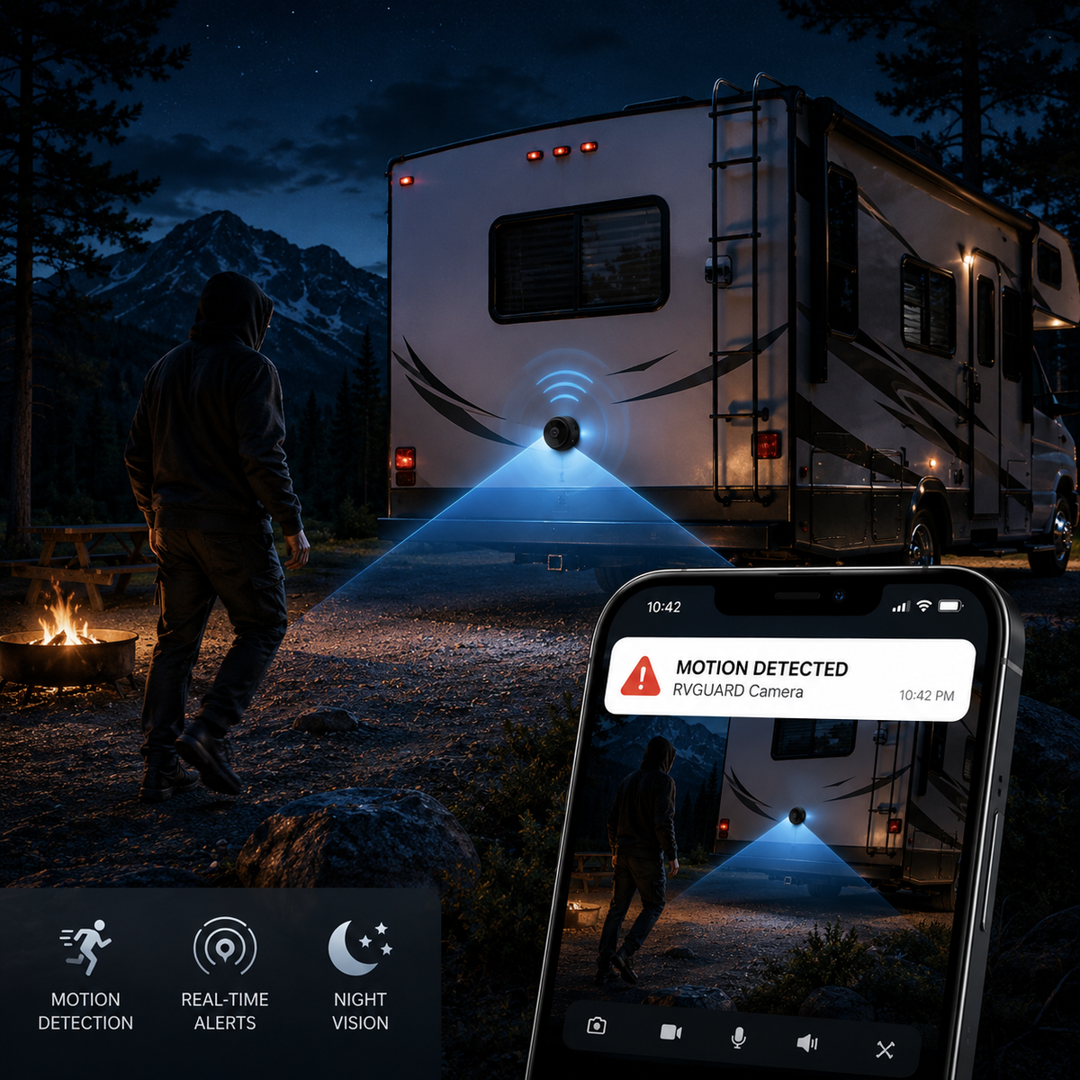 Rechargeable Rear-View Camera with Infrared Vision & Alert System for RVs, Campers & Trucks