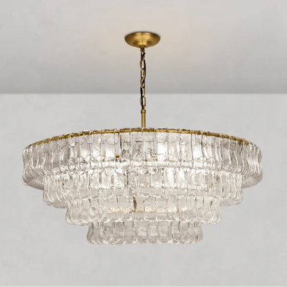 Textured Glass Round Chandelier with Curved Panels in Metallic Finish for Dining Room & Living Room | 24 to 60 Inch