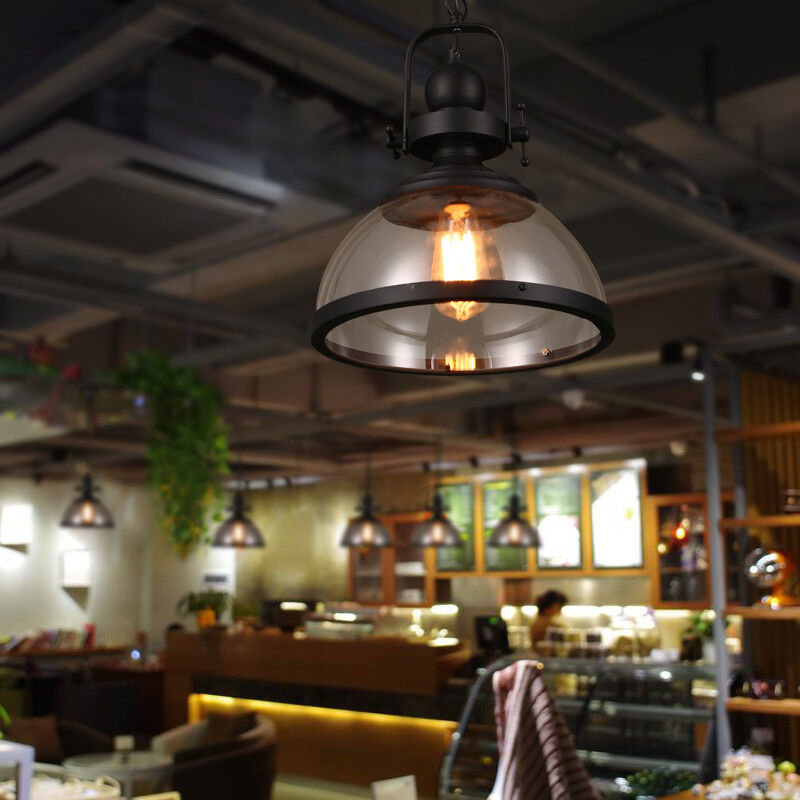 Glass Bowl Pendant Light Industrial Retro Style Hanging Ceiling Fixture Iron Frame E27 Socket for Dining Room Kitchen Island Living Room