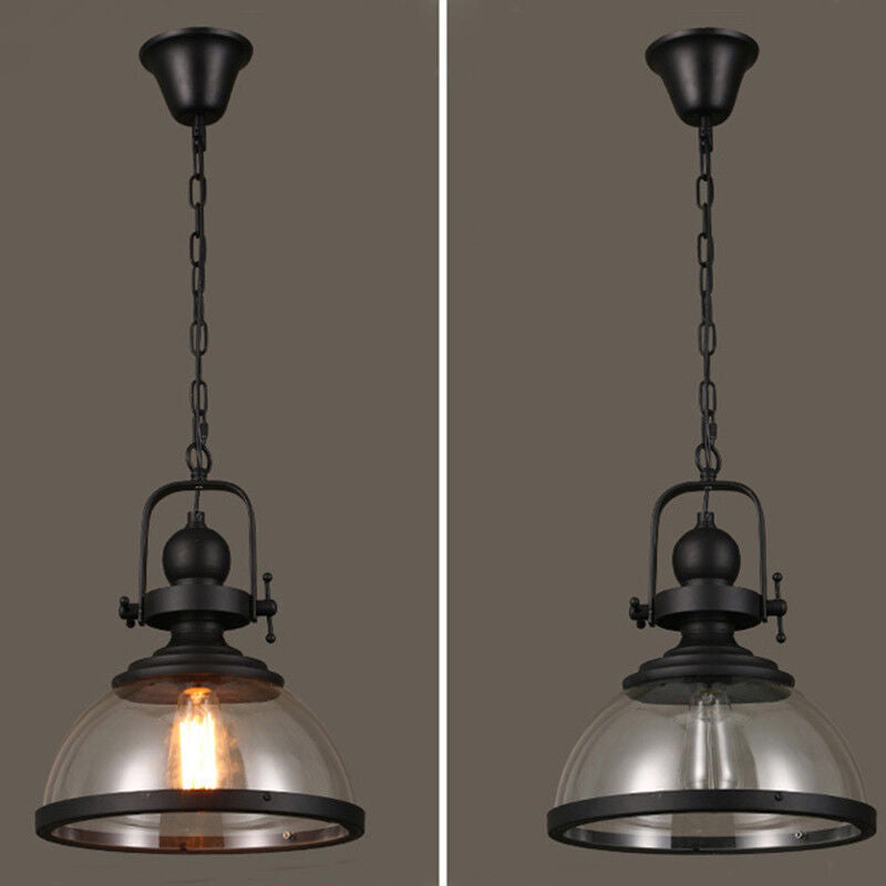 Glass Bowl Pendant Light Industrial Retro Style Hanging Ceiling Fixture Iron Frame E27 Socket for Dining Room Kitchen Island Living Room