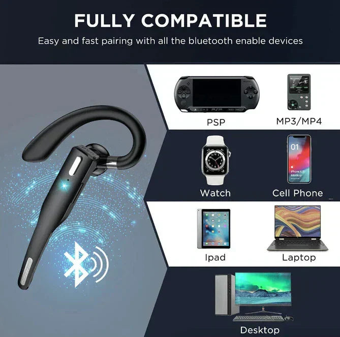 Single-Ear Wireless Earpiece with Noise Reduction & 33 ft Range for Driving, Delivery & Field Work