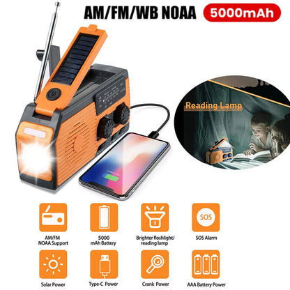 Hand-Crank Weather Radio with Phone Charger, Flashlight & Solar Power for Camping, Storms & Blackouts