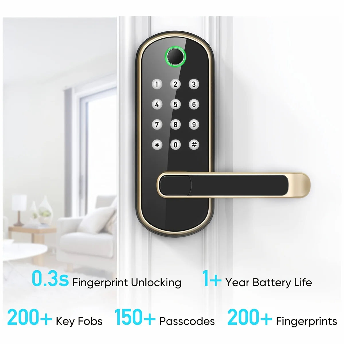 Biometric Door Lock with Fingerprint Scanner & App Control – 5 Entry Methods, 200 User Capacity