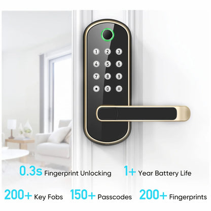 Biometric Door Lock with Fingerprint Scanner & App Control – 5 Entry Methods, 200 User Capacity