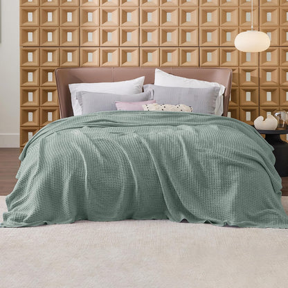 100% Cotton Waffle Weave Throw Blanket Queen King Breathable Lightweight Bed Cover for All Seasons Couch Sofa Bedroom Layering Textured