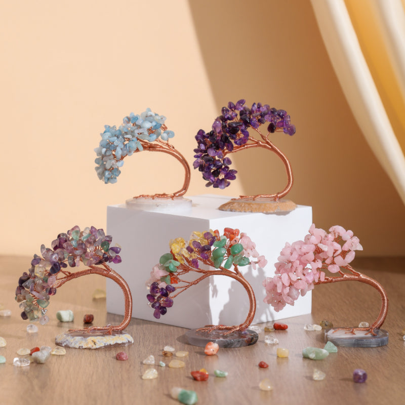 Natural Stone Tree of Life Figurine with Chakra, Amethyst, Rose Quartz, Fluorite & Aquamarine – Crystal Wire Art Home Décor Spiritual Gift