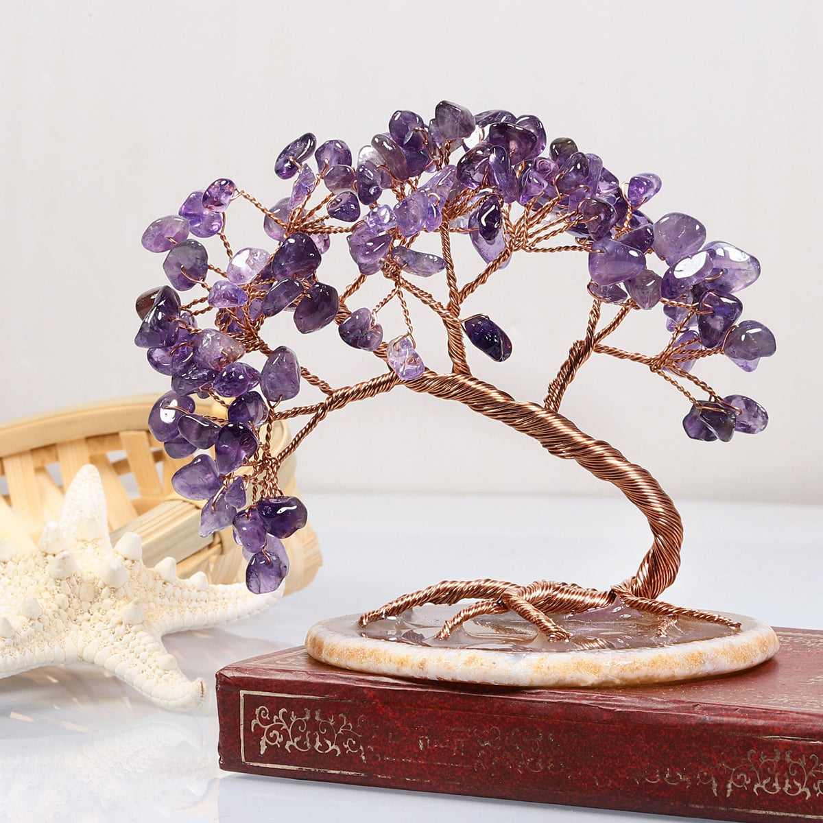 Natural Stone Tree of Life Figurine with Chakra, Amethyst, Rose Quartz, Fluorite & Aquamarine – Crystal Wire Art Home Décor Spiritual Gift