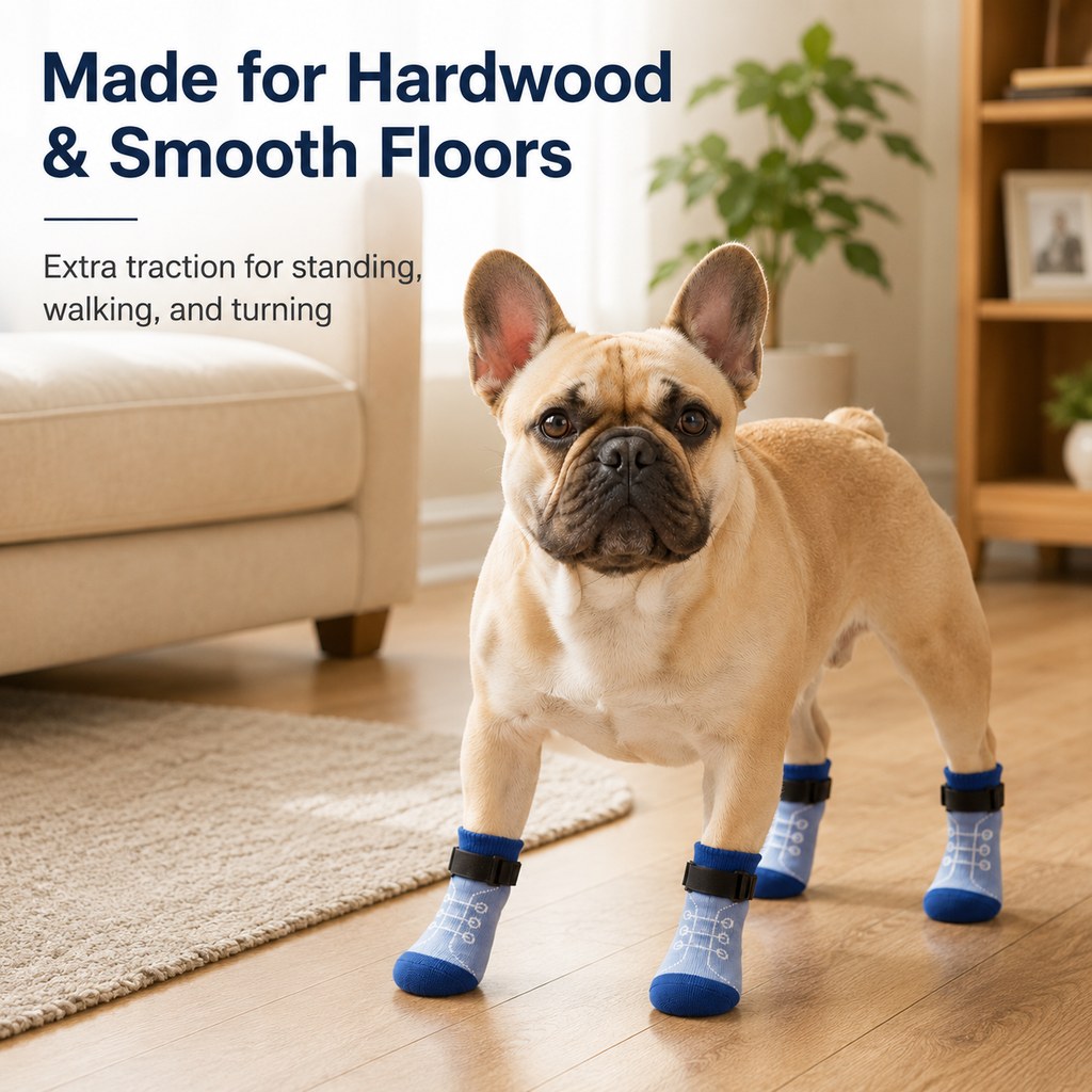 Ortekor French Bulldog Non-Slip Socks for Tile & Hardwood Floors - Helps Reduce Back-Leg Slipping, 4-Pack