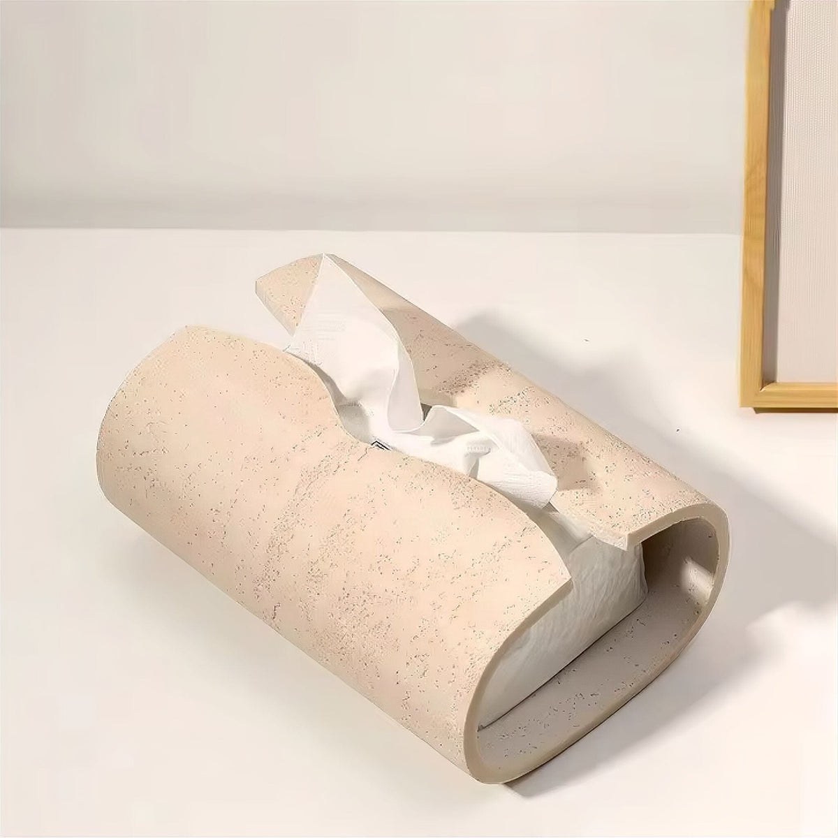 Round Sandstone Tissue Holder 8 in Beige Stone Dispenser for Bathroom Vanity Bedroom Nightstand Office Desk Minimalist Home Decor