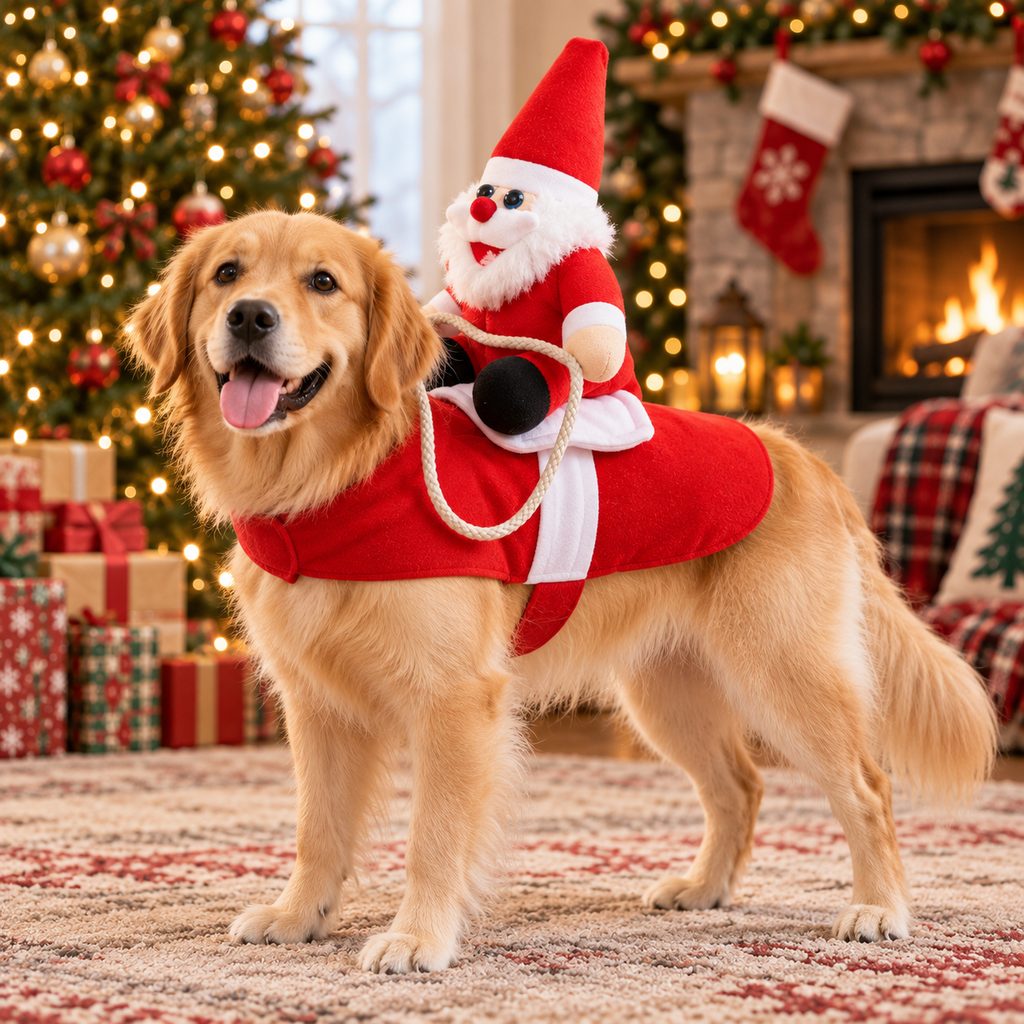 Ortekor Santa Rider Pet Christmas Costume for Holiday Photos & Parties - Funny 3D Dog & Cat Outfit with Easy Velcro Fit