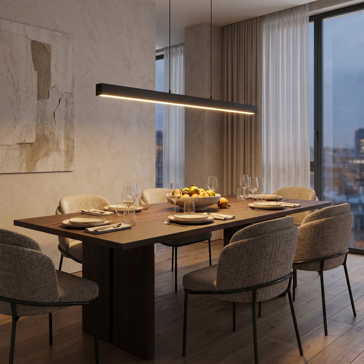 Linear Wood and Metal Pendant Light – Modern Minimalist Dining Room Chandelier – Warm White LED – 31.5 to 47 Inch – Hardwired Ceiling