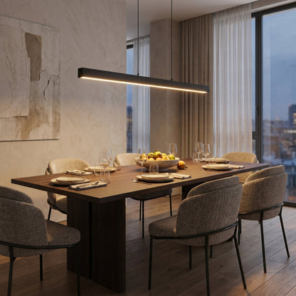 Linear Wood and Metal Pendant Light – Modern Minimalist Dining Room Chandelier – Warm White LED – 31.5 to 47 Inch – Hardwired Ceiling