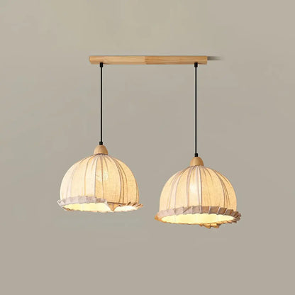 Wood & Linen Drum Ceiling Light 59 in Drop for Dining Tables Kitchen Islands E27 Socket Adjustable Hanging Fixture Natural Minimalist