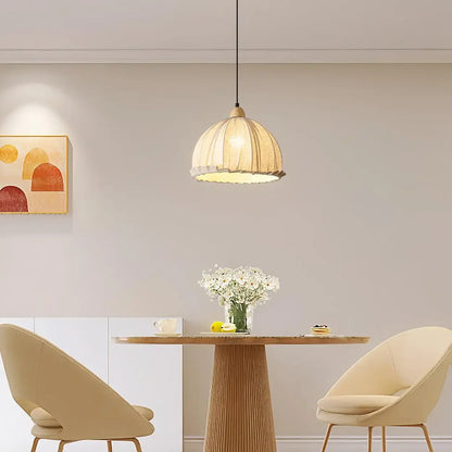 Wood & Linen Drum Ceiling Light 59 in Drop for Dining Tables Kitchen Islands E27 Socket Adjustable Hanging Fixture Natural Minimalist