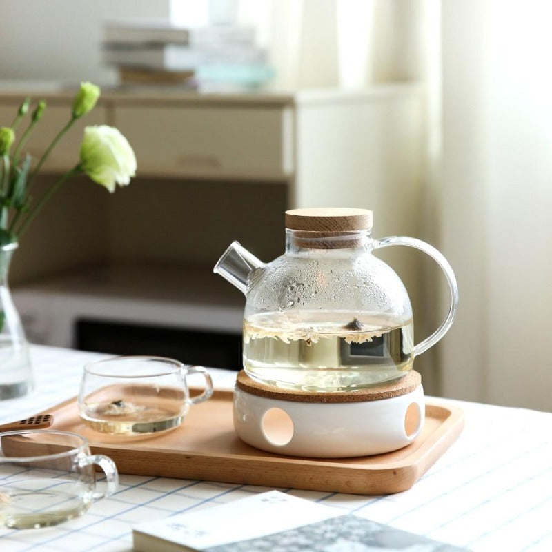 Elegant Scandinavian Teapot Set with Oak Tray & Candle Warmer | Tea Set for Adults, Perfect for Hot & Cold Beverages