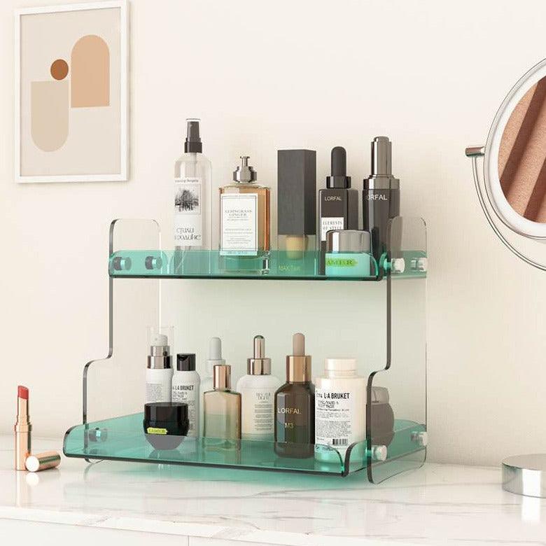 Acrylic Dual-Tier Vanity Organizer Purple 12.6 in Wide Bathroom Countertop Storage Rack for Makeup Skincare Toiletries
