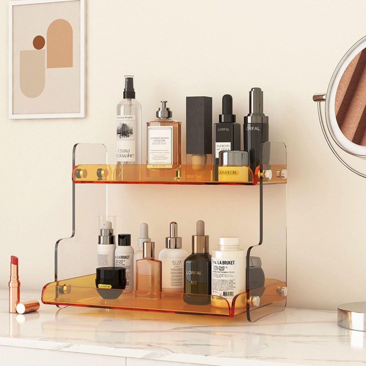 Acrylic Dual-Tier Vanity Organizer Purple 12.6 in Wide Bathroom Countertop Storage Rack for Makeup Skincare Toiletries