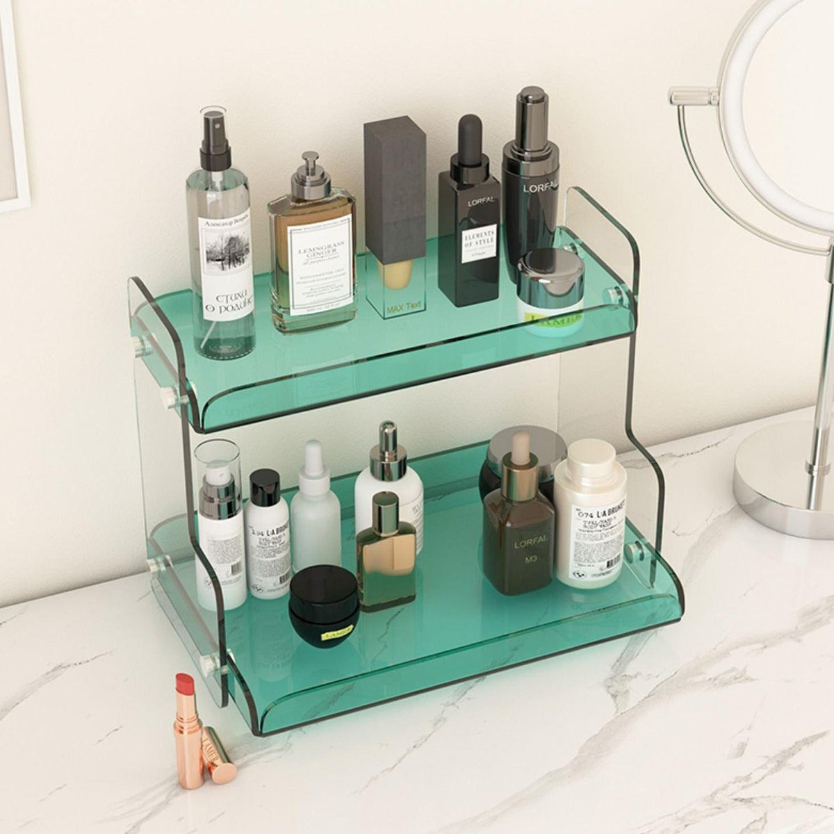 Acrylic Dual-Tier Vanity Organizer Purple 12.6 in Wide Bathroom Countertop Storage Rack for Makeup Skincare Toiletries