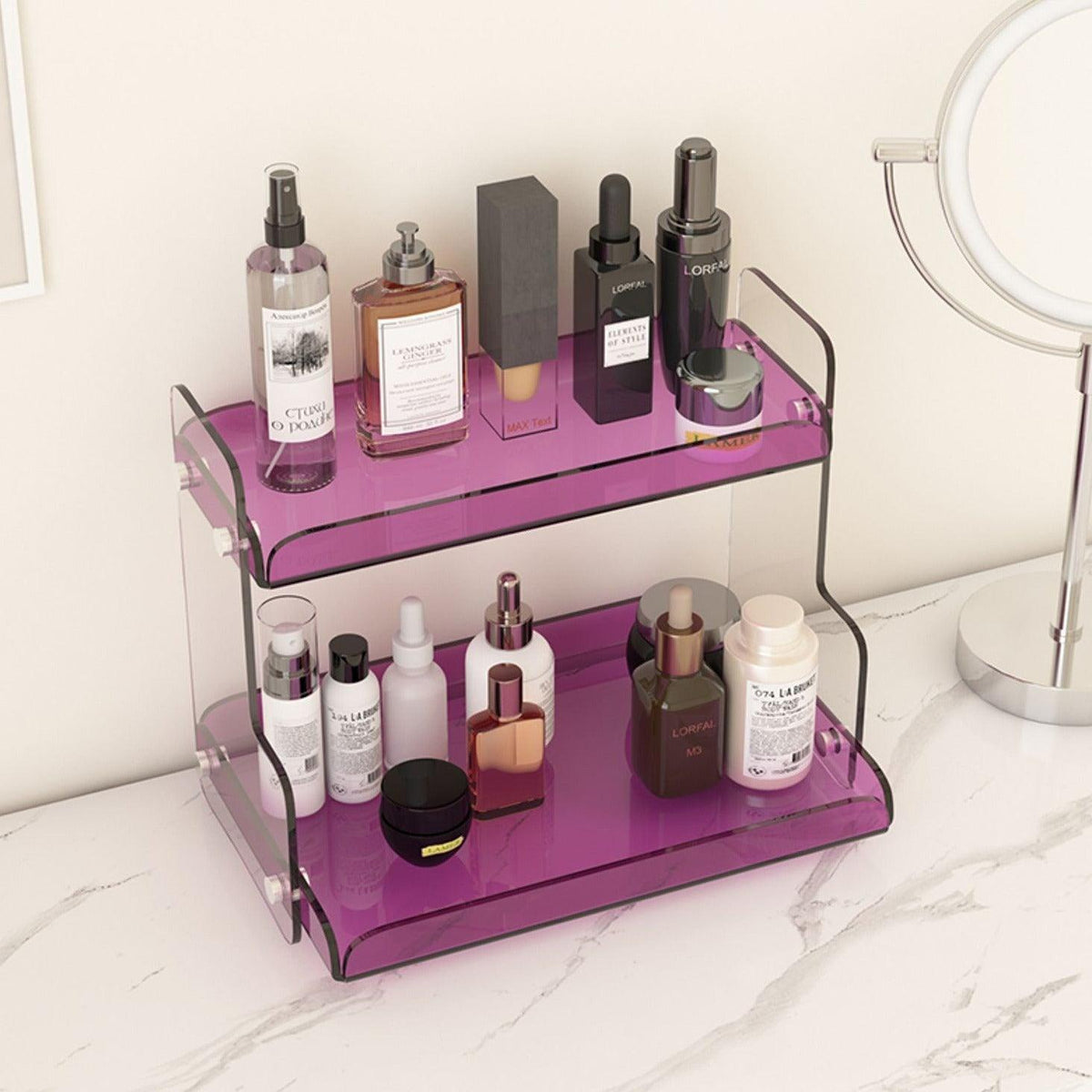 Acrylic Dual-Tier Vanity Organizer Purple 12.6 in Wide Bathroom Countertop Storage Rack for Makeup Skincare Toiletries