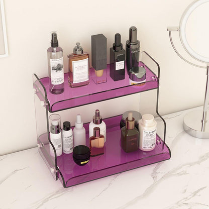 Acrylic Dual-Tier Vanity Organizer Purple 12.6 in Wide Bathroom Countertop Storage Rack for Makeup Skincare Toiletries