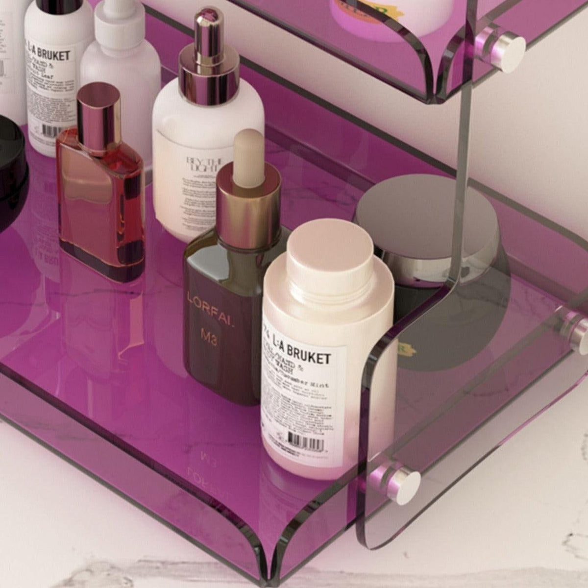 Acrylic Dual-Tier Vanity Organizer Purple 12.6 in Wide Bathroom Countertop Storage Rack for Makeup Skincare Toiletries