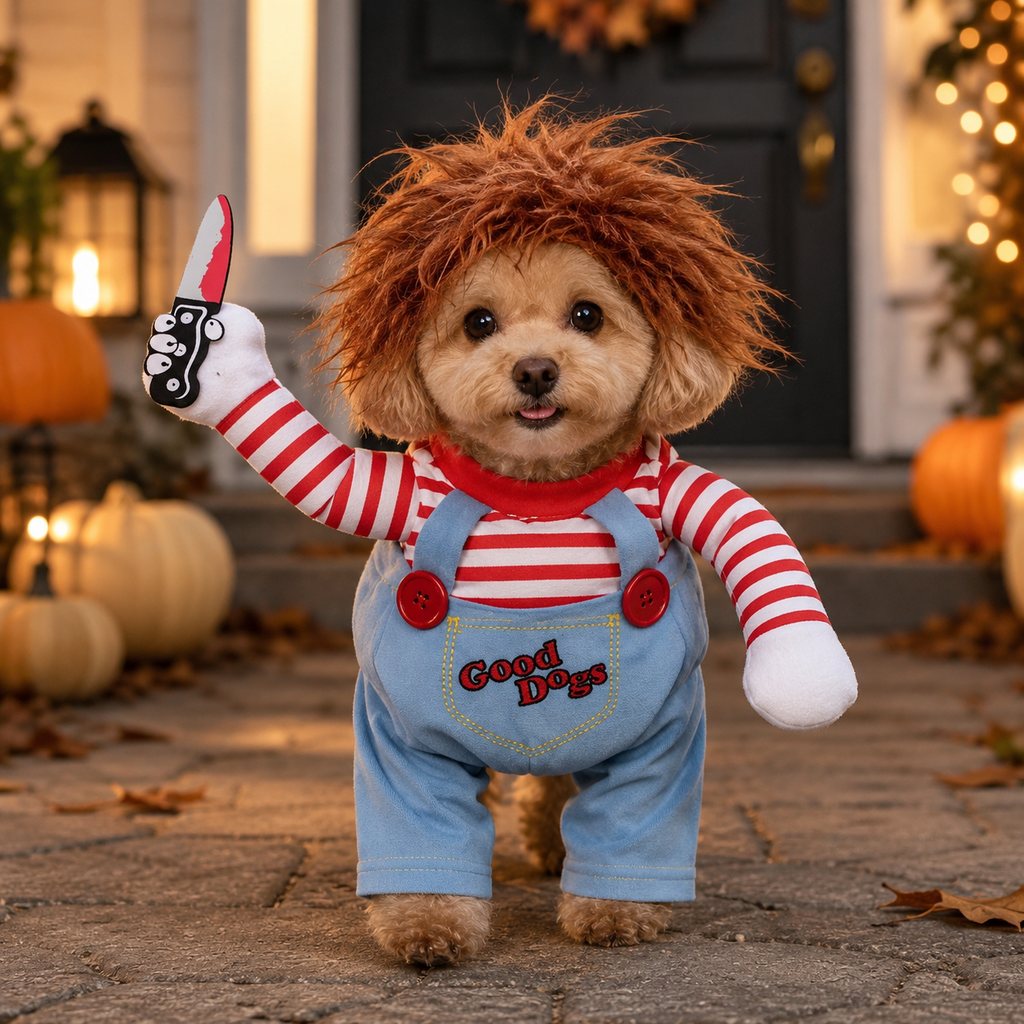 Ortekor Scary Doll Dog Halloween Costume with Wig & Toy Knife – 3-Piece Walking Illusion Set for Trick-or-Treating & Parties